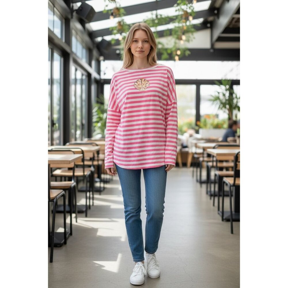 Lilly Pulitzer Womens S Pink White Striped Long Sleeve Top Gold Sequin Shell